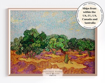 May include: A framed art print of a landscape painting featuring green trees and a blue sky. The artwork has a textured, impressionistic style with visible brushstrokes. The print is in a gold frame. The text "PICCOLO FIORE PRINTS" is at the bottom.
