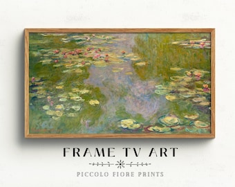 Puede incluir: Una impresión enmarcada de una pintura que representa un estanque con nenúfares y nenúfares. El agua es de color azul verdoso claro y los nenúfares son de color verde oscuro. Hay nenúfares rosados dispersos por todo el estanque.