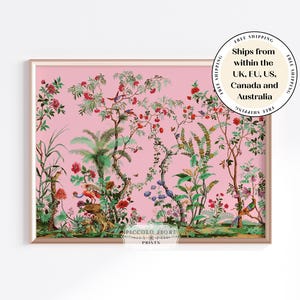 PRINTED AND SHIPPED Vintage Chinoiserie Wall Art | Pink & Green Floral Rose Art Print | Retro Botanical Wallpaper l Birds and Flowers | P482