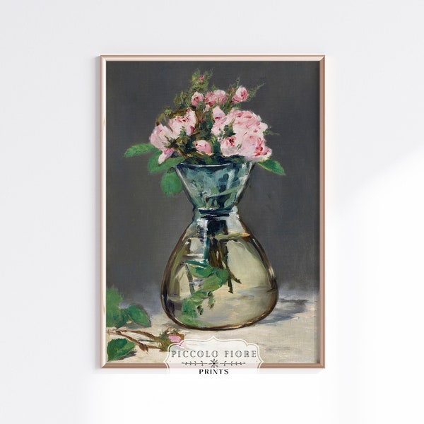 Vintage Pink and Grey Moss Roses in a Vase French Still Life Art Print Edouard Manet Neutral Wall Art Muted Home Decor DIGITAL DOWNLOAD P132