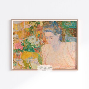 Vintage portret van mevrouw Marie Jeannette de Lange Floral pointillisme Art Print | Jan Troop | 19e eeuw | Direct digitaal downloaden | P150