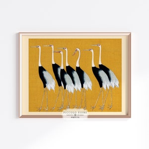 Vintage Mustard Yellow, Grey and Black Flock of Red Crown Crane Birds Japanese Art Print | Instant DIGITAL DOWNLOAD | P352