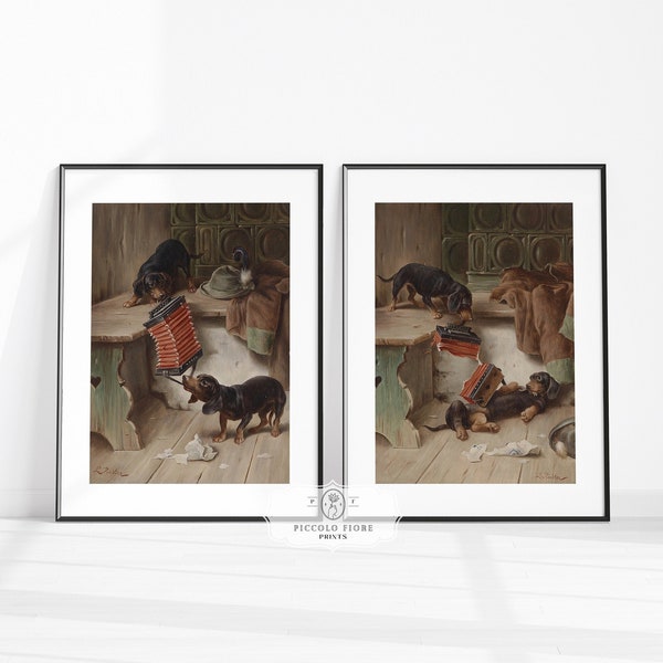 Pair of Vintage Dachshund Sausage Dog and Concertina Oil Paintings Art Prints | 1900s | Instant DIGITAL DOWNLOAD | D2-1