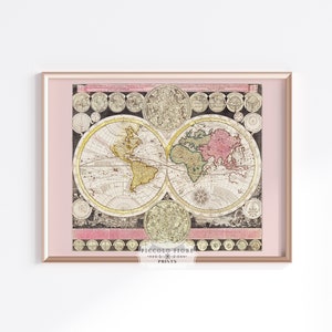 Vintage Rosa/Beige/Schwarze Weltkarte Kunstdruck | Sofortiger DIGITALER DOWNLOAD | P162
