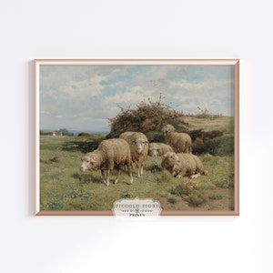 Vintage Grazing Sheep in a Field Countryside Farmhouse Landscape Oil Painting Neutral Home Decor Art Print DIGITAL DOWNLOAD P539