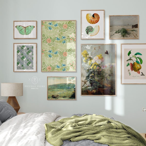 Coastal Gallery Wall Art Prints | Vintage Eclectic Printable Art | Green & Grey Home Decor | Floral Wall Art | DIGITAL DOWNLOAD | M8-1