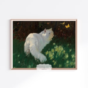 Vintage Weiße Katze und gelbe Schmetterlinge Ölgemälde Kunstdruck | Sofortiger DIGITALER DOWNLOAD | P450