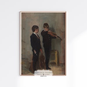 Two Boys Playing the Violin Vintage Music Room Muted Oil Painting Art Print Violinists Music Room Wall Art Instant DIGITAL DOWNLOAD P420