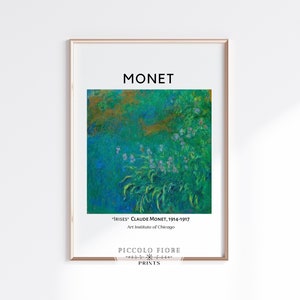 Puede incluir: Una impresión enmarcada de una pintura de Claude Monet titulada "Iris" de 1914-1917. La pintura representa un campo de iris púrpuras con hojas verdes sobre un fondo azul y verde. La impresión es del Art Institute of Chicago y está etiquetada como "Monet" en la parte superior y "Piccolo Fiore Prints" en la parte inferior.