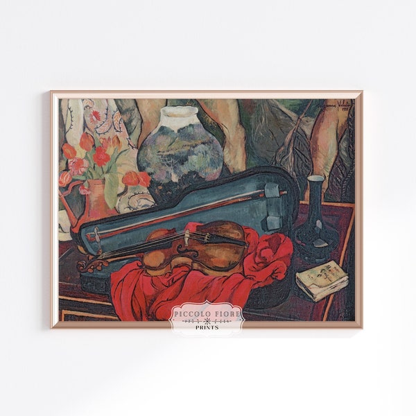 Violin and Case Vintage Floral Still Life Oil Painting Art Print | Instant DIGITAL DOWNLOAD | P421