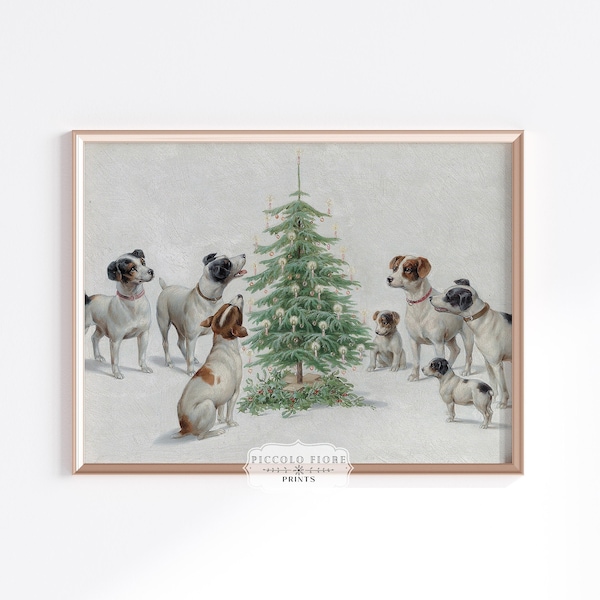 Vintage Oil Painting of Dogs Around a Christmas Tree Neutral Home Decor Christmas Art Print | 1900s | Instant DIGITAL DOWNLOAD | P413