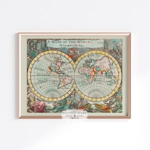 Vintage Grün/Rot/Gelb/Schwarz Weltkarte Kunstdruck | 1600s | Sofortiger DIGITALER DOWNLOAD | P360