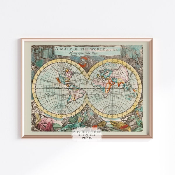 Vintage Green/Red/Yellow/Black World Map Art Print | 1600s | Instant DIGITAL DOWNLOAD | P360