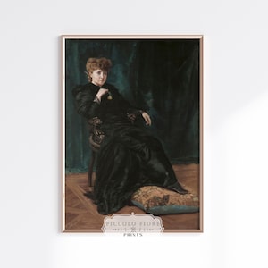 Vintage Emerald Green and Tan Portrait of a Woman Sitting in a Black Dress Oil Painting Art Print | 1900s | Instant DIGITAL DOWNLOAD | P380