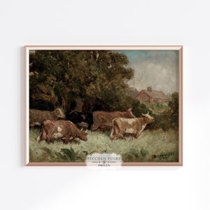 Vintage Cows in Field Countryside/Farmhouse Landscape Muted/Neutral Green & Beige Oil Painting Art Print | Instant DIGITAL DOWNLOAD | P369