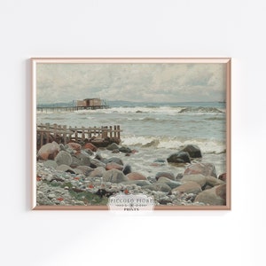 Vintage Stoney Beach Art Print | Coastal Home Decor | Beach House Wall Art | Neutral Seascape Oil Painting | Instant DIGITAL DOWNLOAD | P546