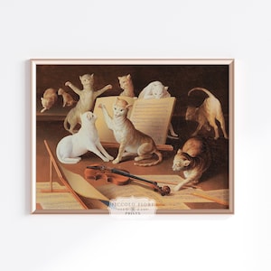 Vintage Cats and Violin Oil Painting | Cat Concert Art Print | Antique Cats Wall Art | Music Room Neutral Art | DIGITAL DOWNLOAD | P481