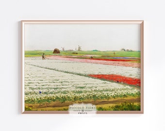 Vintage Tulip Fields Dutch Art Print | Windmill Painting Wall Art | Flower Fields Country Art Print | Instant DIGITAL DOWNLOAD | P108