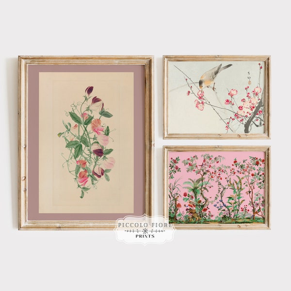 Vögel und Blumen Gallery Wall Art Prints | Vintage eklektische druckbare Kunst | Rosa Wohnkultur | Blumen Wandkunst | DIGITALER DOWNLOAD | M8-23
