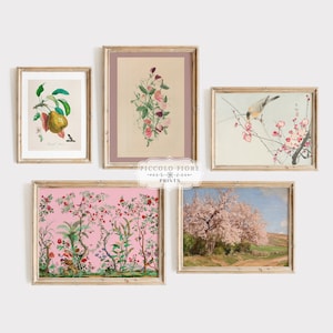 5 Vintage Gallery Wall Set Art Prints | Birds Flowers & Fruit Wall Art | Eclectic Printable Art | Pink Decor | DIGITAL DOWNLOAD | M8-2.8