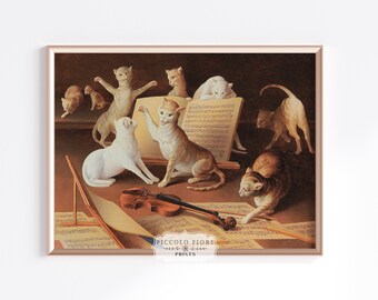 Pintura al óleo vintage de gatos y violín / Impresión artística de concierto de gatos / Arte mural de gatos antiguos / Arte neutro para sala de música / DESCARGA DIGITAL / P481