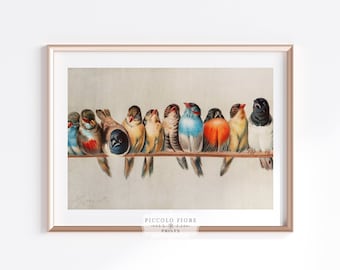 Impressão artística eclética vintage de um poleiro de pássaros pequenos | Pintura/ilustração em aquarela | Arte de parede antiga para imprimir | Download instantâneo | P30.1