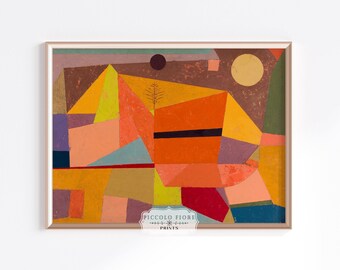 Peut inclure: Impression d'art géométrique abstrait avec un mélange de couleurs jaunes, orange, rouge, vert, bleu et violet. L'impression présente un arbre stylisé et un soleil dans le coin supérieur droit. L'impression est encadrée dans un cadre en bois clair.