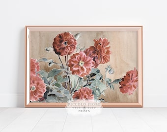 Vintage Red, Green and Beige Dahlia Floral Watercolour Country/Farmhouse Painting Art Print | 1900s | Instant DIGITAL DOWNLOAD | P390