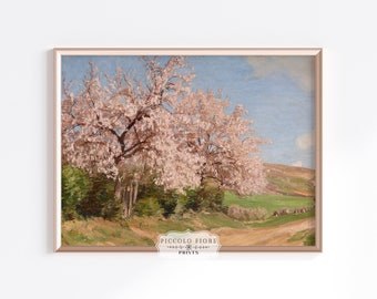 Vintage Spring Pink Cherry Blossom Wall Art Cherry Tree Country Oil Painting Spring Art Print Pink and Blue Art DIGITAL DOWNLOAD P440