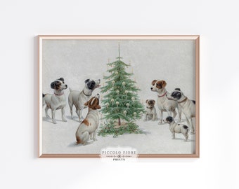 Pintura a óleo vintage de cães ao redor de uma árvore de Natal. Decoração neutra para casa. Impressão artística natalina | Década de 1900 | Download digital instantâneo | P413