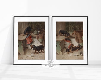 Pair of Vintage Dachshund Sausage Dog and Concertina Oil Paintings Art Prints | 1900s | Instant DIGITAL DOWNLOAD | D2-1