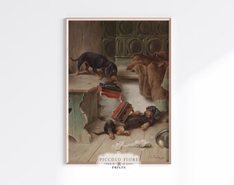 Vintage Dachshund Sausage Dog and Concertina Oil Painting Art Print | 1900s | Instant DIGITAL DOWNLOAD | P414