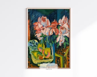 Vintage Roses and Fruit Pink, Green and Teal Still Life Art Print | Ernst Ludwig Kirchner | 1900s | Instant DIGITAL DOWNLOAD | P302