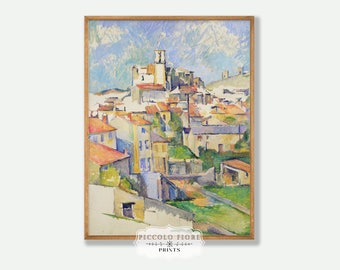 Peut inclure: Une peinture représentant un village avec une église au centre, entouré de maisons colorées et d'une colline verdoyante. Le ciel est bleu avec des nuages blancs. La peinture est encadrée dans un cadre en bois.