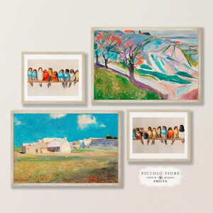 Vintage Eclectic Colourful Bird and Country Scene Gallery Wall Set | 4 Prints | Instant DIGITAL DOWNLOAD | S11-1.7