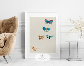 Pintura em aquarela vintage com cinco borboletas turquesa/azul/amarelas | 1912 | DOWNLOAD DIGITAL INSTANTÂNEO | P33
