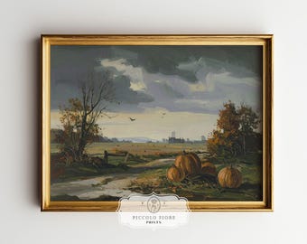 Pumpkin Patch Field & Haunted House Vintage Style Fall/Autumn Decor Printable Art: Halloween Wall Art Print Instant DIGITAL DOWNLOAD | P1121