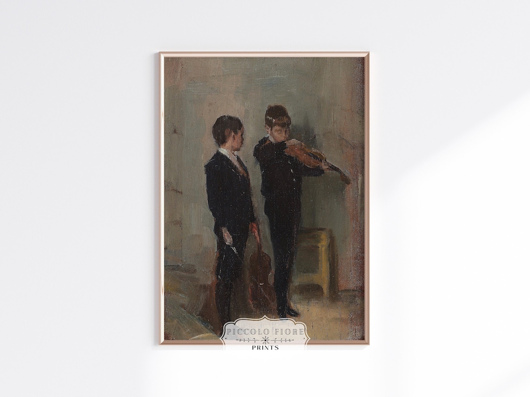 Two Boys Playing the Violin Vintage Music Room Muted Oil Painting Art ...