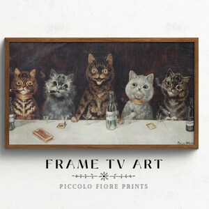 May include: A vintage illustration of five cats sitting at a table, drinking and smoking. The cats are dressed in formal attire and have human-like expressions. The illustration is framed in a brown wood frame.