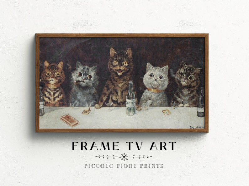 May include: A vintage illustration of five cats sitting at a table, drinking and smoking. The cats are dressed in formal attire and have human-like expressions. The illustration is framed in a brown wood frame.