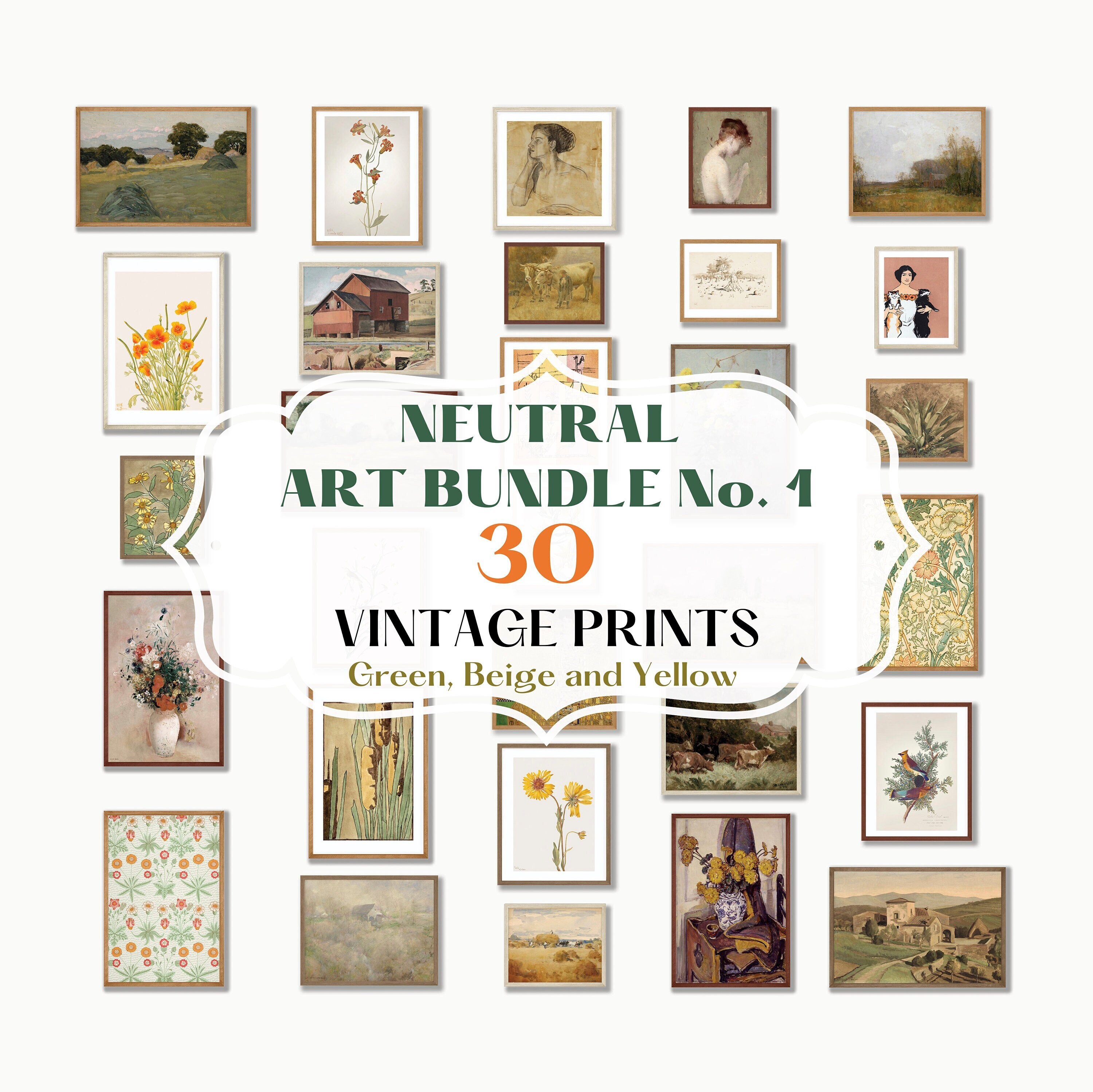 30 Vintage Eclectic Gallery Wall Set Digital Art Prints TAN