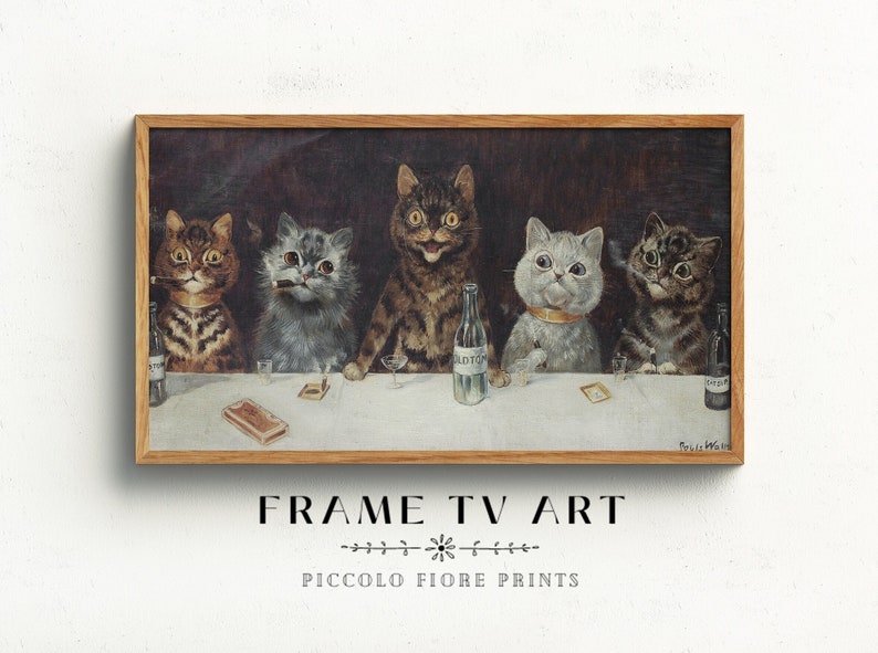 May include: A vintage illustration of five cats sitting at a table, drinking and smoking. The cats are dressed in formal attire and have human-like expressions. The illustration is in a brown frame.