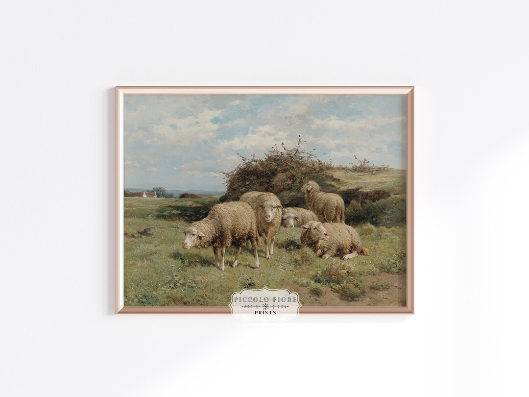 Vintage Grazing Sheep in a Field Countryside Farmhouse Landscape Oil ...