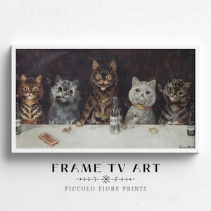 May include: A vintage painting of five cats sitting at a table, each with a drink and a cigarette. The cats are dressed in formal attire and have human-like expressions. The painting is titled "The Cat's Club" and is signed by the artist, "Louis Wain."