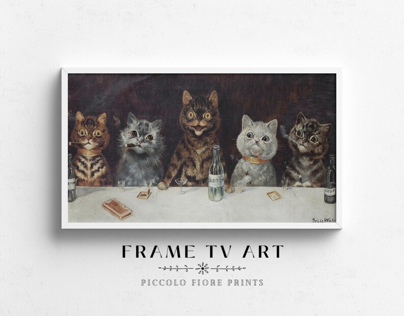 May include: A vintage painting of five cats sitting at a table, each with a drink and a cigarette. The cats are dressed in formal attire and have human-like expressions. The painting is titled "The Cat's Club" and is signed by the artist, "Louis Wain."