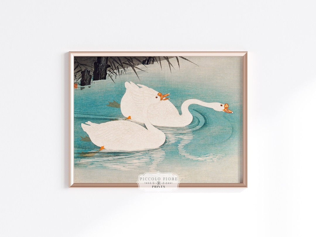 Vintage Geese Amid Reeds White/turquoise Japanese Watercolour Painting ...