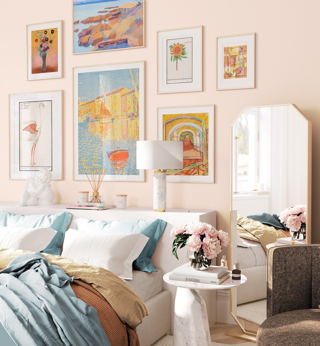 Eclectic Gallery Wall SET | Vintage Blue and Peach Art Prints ...