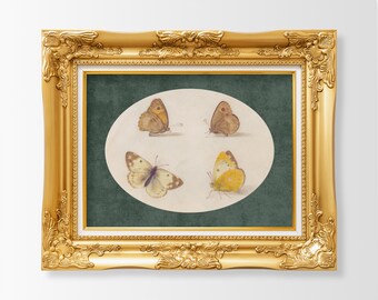 Vintage Dark Green Four Butterflies Illustration Art Print, Cottagecore Butterfly Wall Art, Country Farmhouse Art | DIGITAL DOWNLOAD | P976