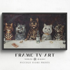 May include: A vintage illustration depicting five cats seated at a table, partaking in drinks and smoking cigars. The cats are dressed in formal attire and have human-like expressions. The image is set in a dimly lit room with a dark background.