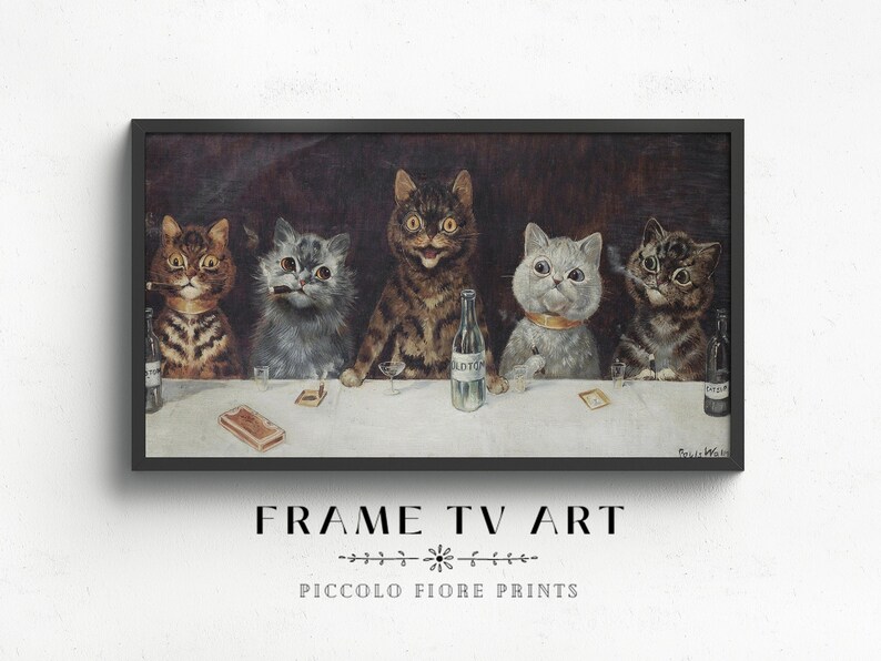 May include: A vintage illustration depicting five cats seated at a table, partaking in drinks and smoking cigars. The cats are dressed in formal attire and have human-like expressions. The image is set in a dimly lit room with a dark background.
